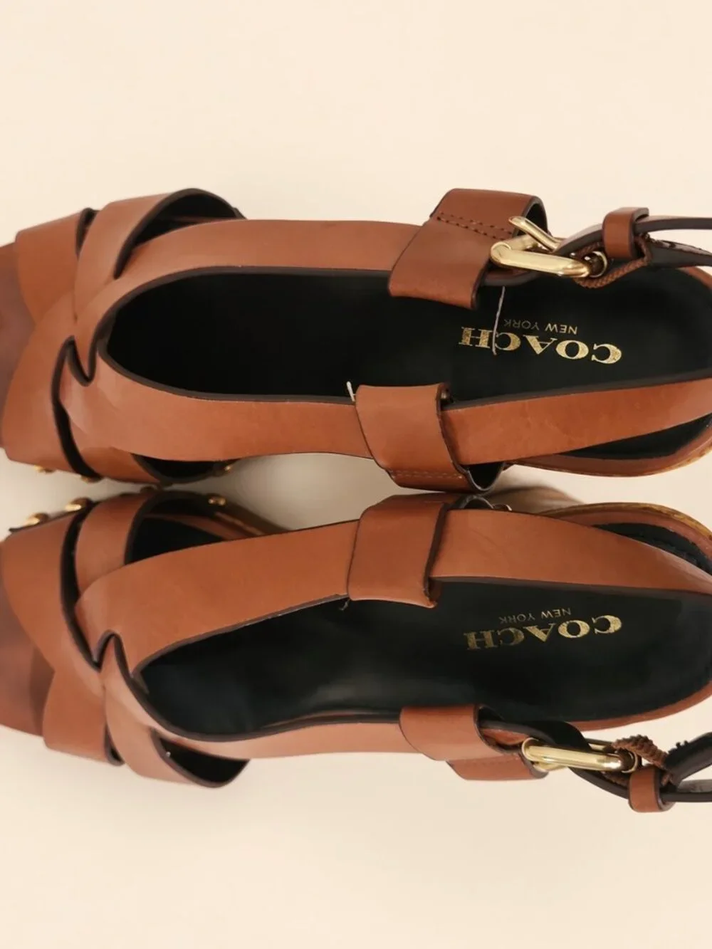 Coach Adessa Cognac Leather Wood Platform Sandals Size 8 Gold Studs